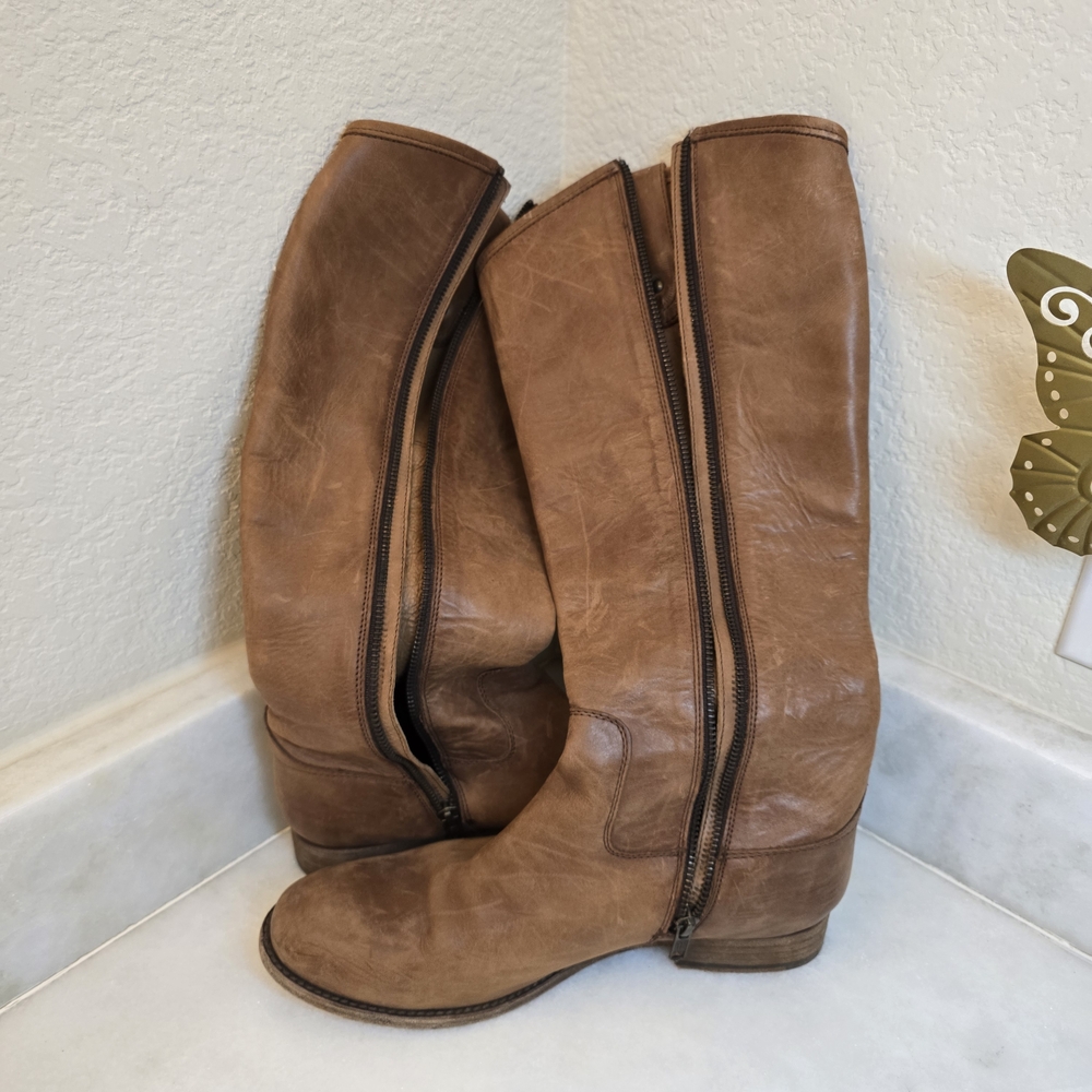 Frye Brown Leather Tall Heeled Boots - Picture 2 of 6